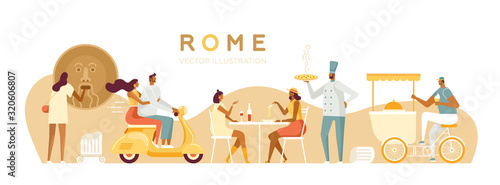 Vector travel illustration for web. Tourists and locals in Rome. Roman holiday. Italians characters. A couple on a scooter, Italian restaurant, bike with ice cream, Mouth of Truth. White, isolated photo