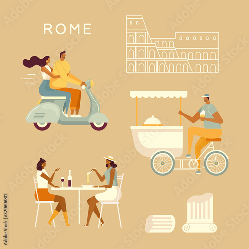 Set of Italian characters. Tourists and locals in Rome. Roman holiday. People travel, relax, have fun. A couple on a scooter, ice cream seller, Italian restaurant, the Colosseum. Flat design, isolated