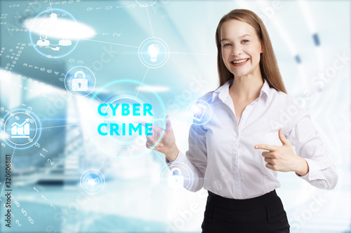 Business, Technology, Internet and network concept. Young businessman working on a virtual screen of the future and sees the inscription: Cyber crime