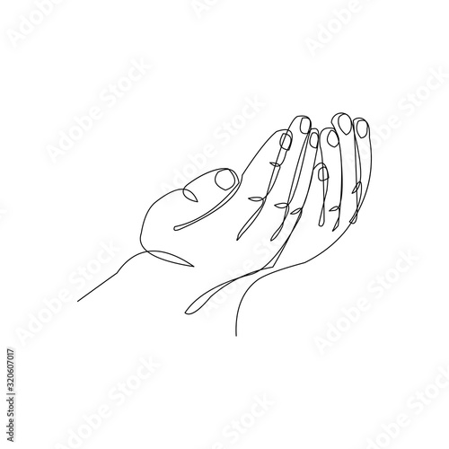 Continuous line drawing of palm hand of an islamic praying for ramadan and ied mubarak. Vector illustration.