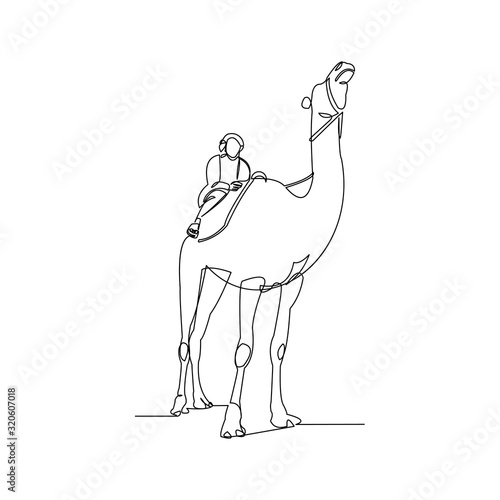 Continuous line drawing of arab man riding and walking with a camel. Ramadan kareem and ied mubarak greeting card line concept. Vector illustration.