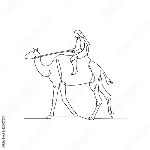 Continuous line drawing of arab man riding and walking with a camel. Ramadan kareem and ied mubarak greeting card line concept. Vector illustration.