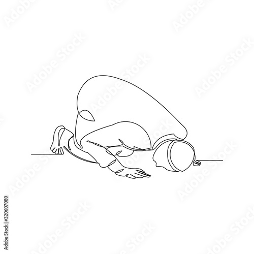 Continuous line drawing of islamic muslim man praying on sujud bow down gesture. Ramadan kareem and ied mubarak greeting card concept. Vector illustration.