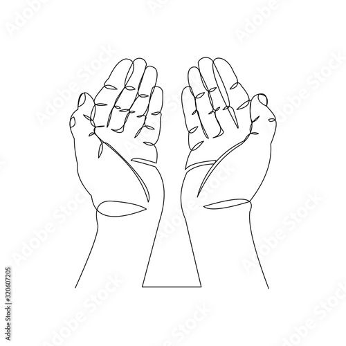 Continuous line drawing of palm hand of an islamic praying for ramadan and ied mubarak. Vector illustration.