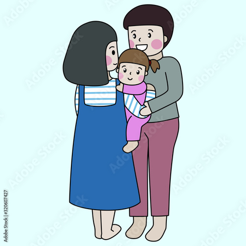 lovely warm Families With Husband, Wife And One little daughter Vector Illustration cartoon doodle background 