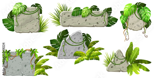 Stone boards decoration liana branches and tropical leaves. Set isolated cartoon vector circle and square frames with space for text on white background.