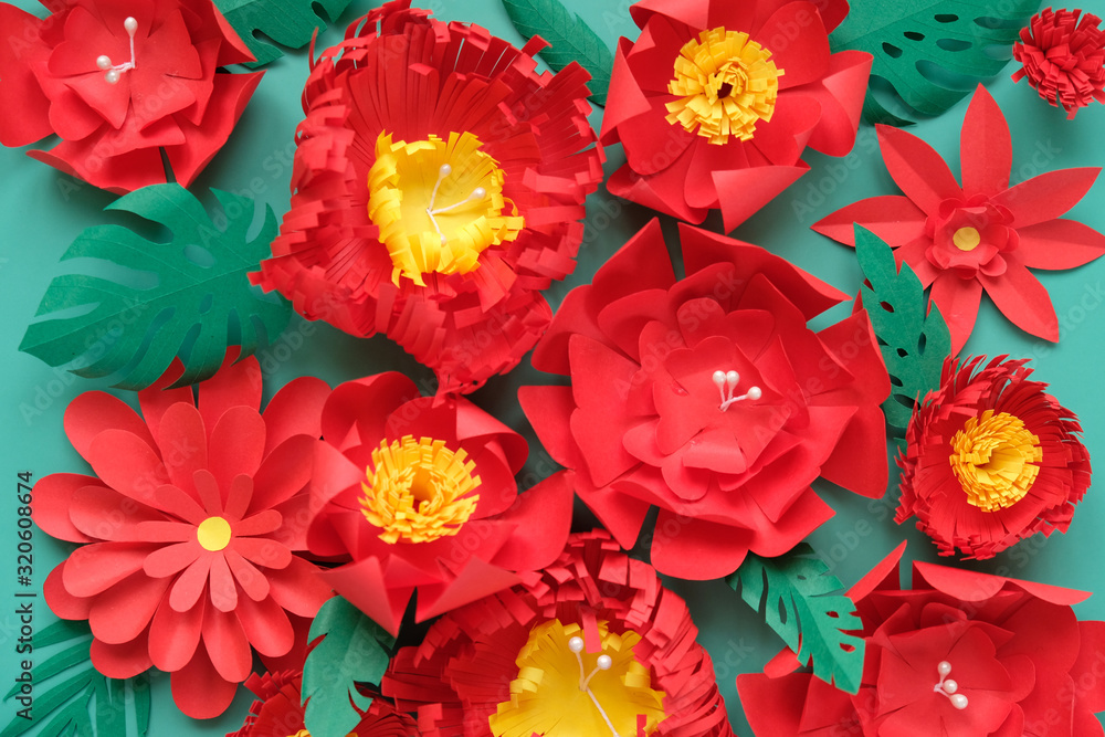 Hello, spring. With red paper flowers and green leaves Hello, spring. With red paper flowers and green leaves