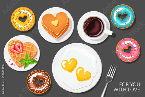 festive Breakfast for Valentine's day.  Coffee, scrambled eggs hearts, strawberry waffles heart, heart pancakes and pink donut, chocolate donut, mint and lemon  donut. vector greeting card