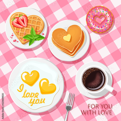 festive Breakfast for Valentine's day.  Coffee, scrambled eggs hearts, strawberry waffles heart, heart pancakes and pink donut, chocolate donut, mint and lemon  donut. vector greeting card