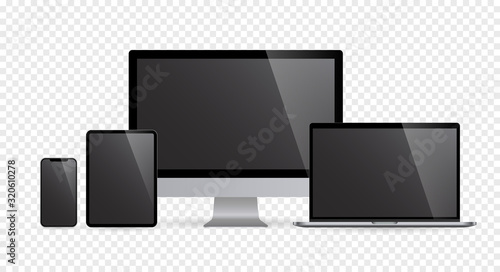 Realistic set of computer monitors desktop laptop tablet and phone with black screen and checkerboard background V2. Isolated illustration vector illustrator Ai EPS
