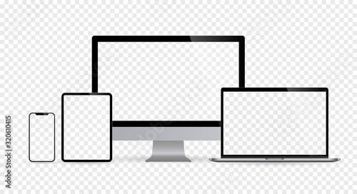 Realistic set of computer monitors desktop laptop tablet and phone with checkerboard screen and background V2. Isolated illustration vector illustrator Ai EPS