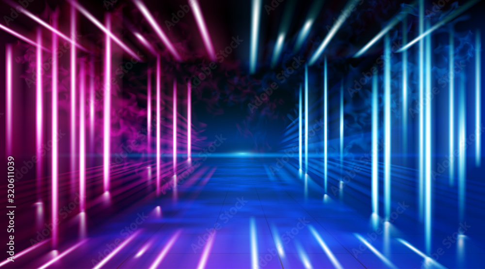 A neon corridor tending to the horizon, a clear night sky without clouds and a lone star, the reflection of light on the surface of stone earth. Smoke fog. The road to the horizon.. Vector. EPS 10 A neon corridor tending to the horizon, a clear night sky without clouds and a lone star, the reflection of light on the surface of stone earth. Smoke fog. The road to the horizon.. Vector. EPS 10