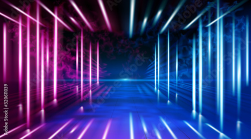 A neon corridor tending to the horizon, a clear night sky without clouds and a lone star, the reflection of light on the surface of stone earth. Smoke fog. The road to the horizon.. Vector. EPS 10