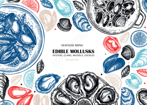 Hand drawn edible marine mollusks with herbs, spices and lemon design. Vector  realistic seafood elements. Cooked clams, oysters, cockles, mussels top view background.