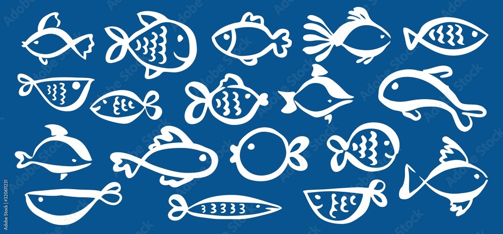 Set of cute cartoon fish hand painted with ink brush stroke Set of cute cartoon fish hand painted with ink brush stroke