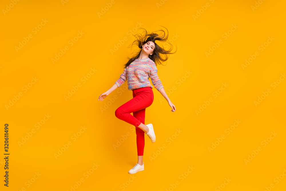 Full size phot of charming gorgeous elegant girl enjoy rest relax her hairdo fly wear good look sweater shoes isolated over shine color background Full size phot of charming gorgeous elegant girl enjoy rest relax her hairdo fly wear good look sweater shoes isolated over shine color background