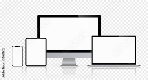 Realistic set of computer monitors desktop laptop tablet and phone reflect with white screen and checkerboard background V2. Isolated illustration vector illustrator Ai EPS