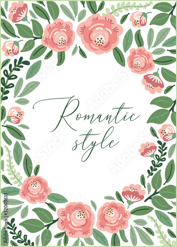 Cute botanical theme floral frame background with bouquets of hand drawn rustic roses and leaves branches in neutral colors