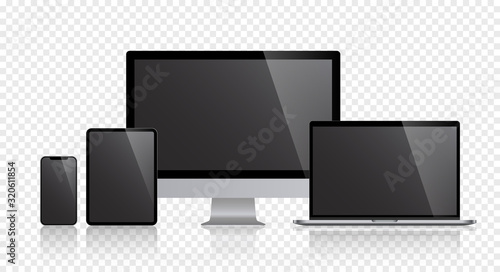 Realistic set of computer monitors desktop laptop tablet and phone reflect with black screen and checkerboard background V2. Isolated illustration vector illustrator Ai EPS	