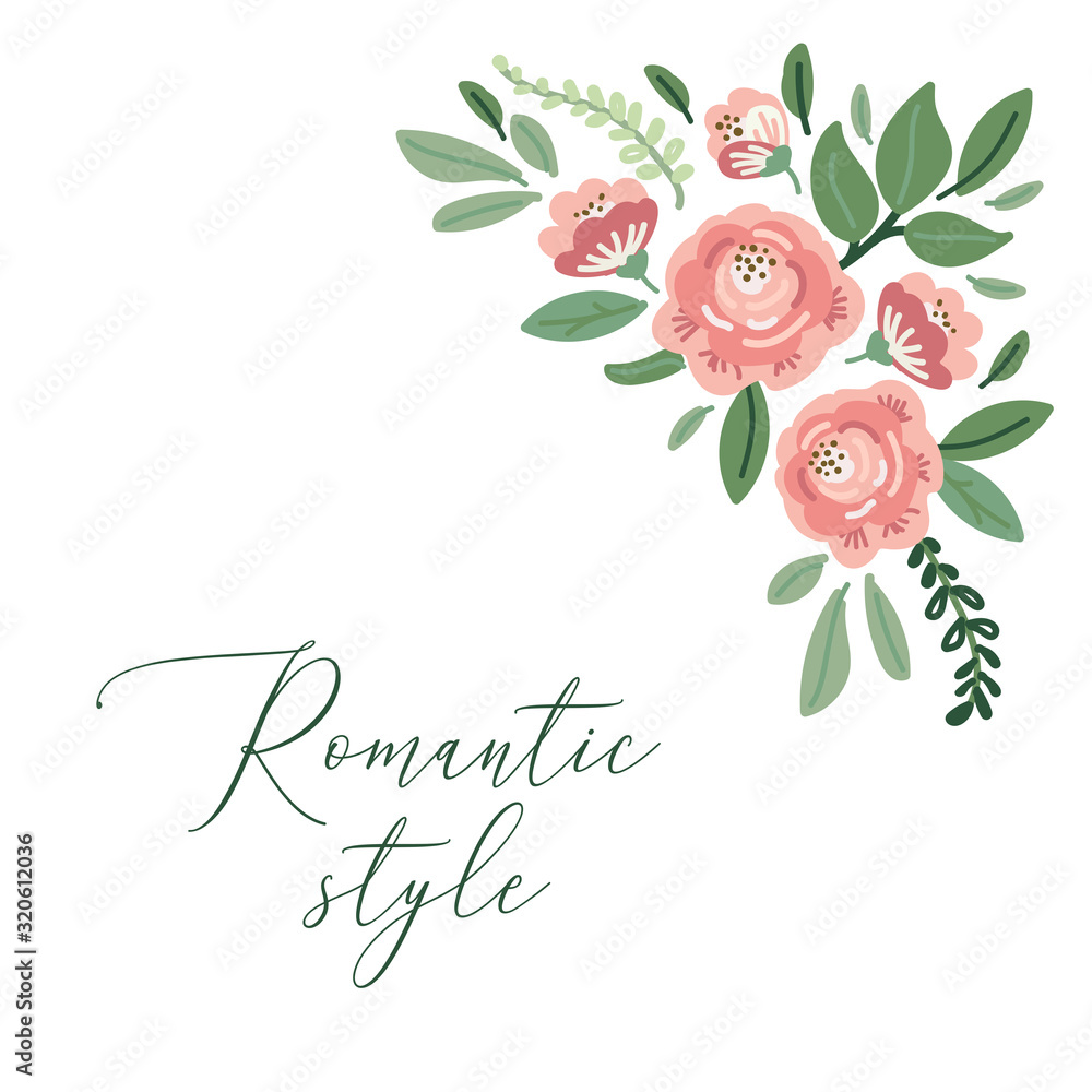 Cute botanical theme floral background with bouquets of hand drawn rustic roses and leaves branches in neutral colors