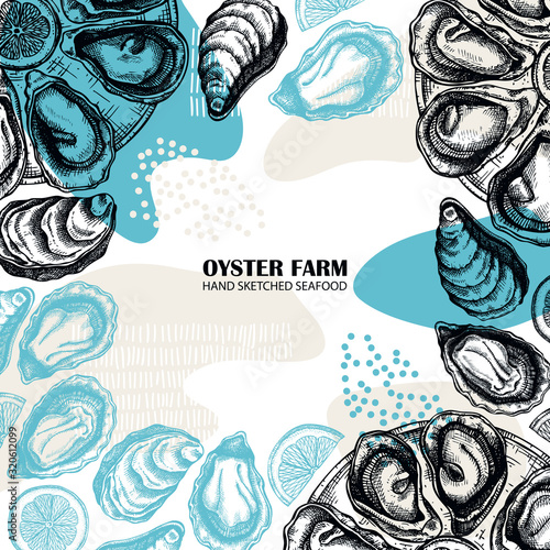 Hand drawn edible marine mollusks - oysters with herbs, spices and lemon design. Vector package, banner, flyer, menu, recipes template with realistic seafood elements. 