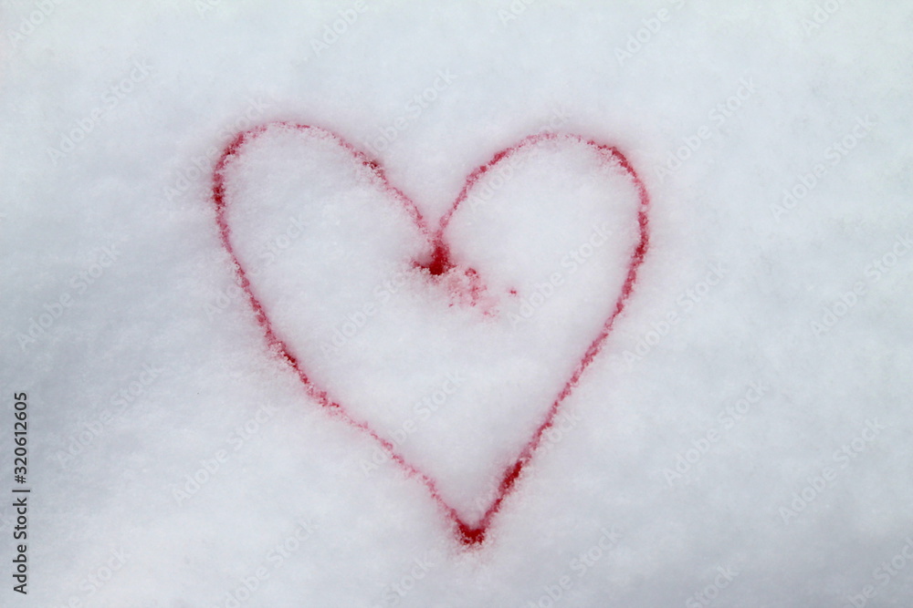 Red heart painted with red paint on snow symbol of love postcard for Valentines Day Red heart painted with red paint on snow symbol of love postcard for Valentines Day