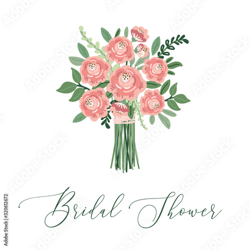 Cute botanical theme floral background with bouquets of hand drawn rustic roses and leaves branches in neutral colors