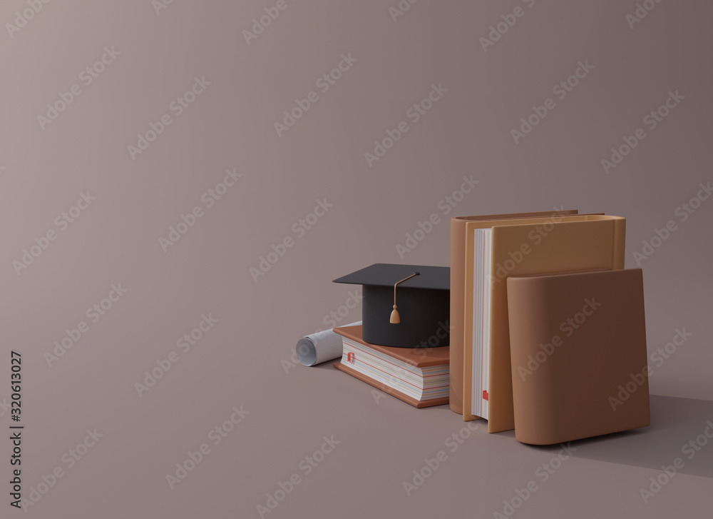 Graduation cap on books, back to school concept 3D rendering Graduation cap on books, back to school concept 3D rendering