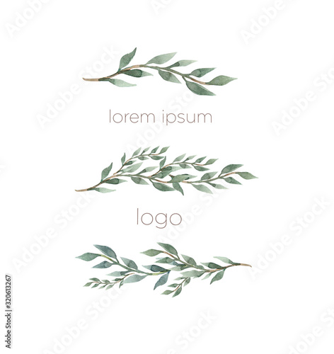 Watercolor hand painted green eucalyptus branch. Floral illustration isolated on white background.Clip art for logo, label, .packaging, cosmetic, textile, paper.