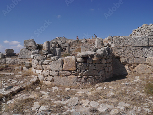 The ruins of the ancient city of Tehra on the plateau of Mesa Vouno mountain, on the island of Santorini, Greece.