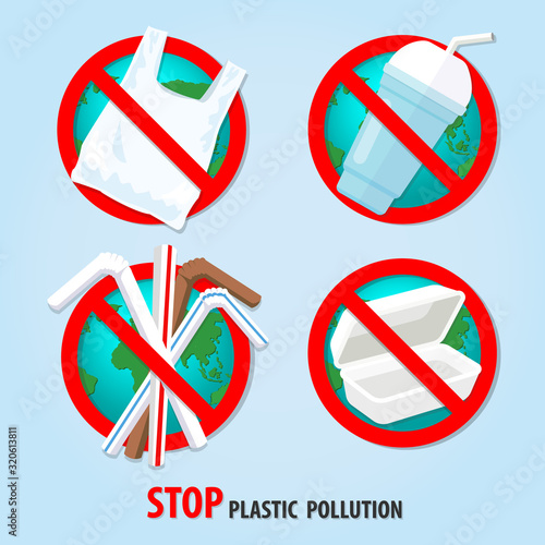 Stop using plastic pollution symbol pack. Say no to plastic and save the world concept. Icon set on light blue background. Flat vector illustration design. Reduce pollution bags, straw, and box.