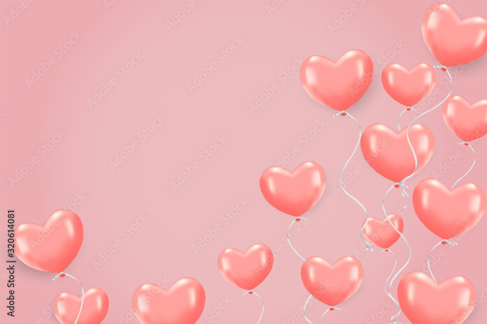 Pink balloons heart shape flying on sweet pink background. Greeting card, banners, wallpaper or brochure in the day of love or birthday surprise concept. Vector illustration design.