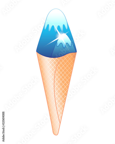 Ice cream mountains. Ice cream horn in the form of mountain peaks. Mountains in a waffle cone - a metaphor for a sweet break. Cold dessert in the form of mountains - a vector full-color picture about 