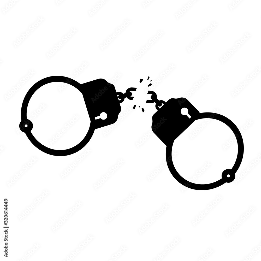 Broken handcuffs silhouette icon. Clipart image isolated on white