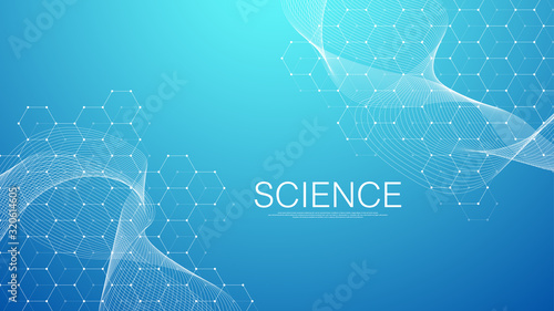 Abstract medical background DNA research, molecule, genetics, genome, DNA chain. Genetic analysis art concept with hexagons, waves, lines, dots. Biotechnology network concept molecule, vector
