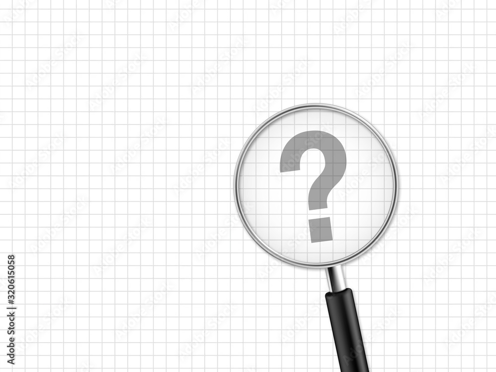 Magnifying glass or magnifier with squared paper and question tag metaphor for good idea and solution Magnifying glass or magnifier with squared paper and question tag metaphor for good idea and solution