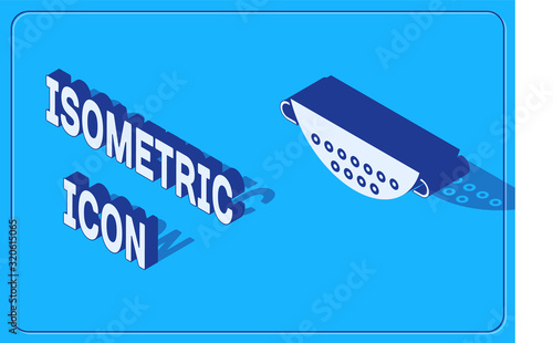 Isometric Kitchen colander icon isolated on blue background. Cooking utensil. Cutlery sign. Vector Illustration
