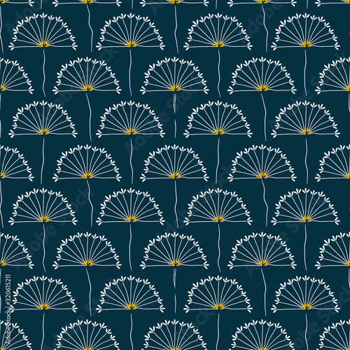 A field of dandelions on a dark teal background seamless vector pattern. Surface print design. Great for fabrics, stationery and packaging.