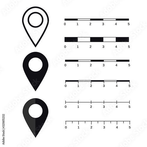 Map scales graphics for measuring distances. Scale measure map vector. Latitude and longitude distance