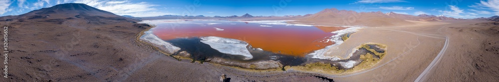 Aerial panorama of the salty lake named Laguna Colorada. Bolivia, Altiplano