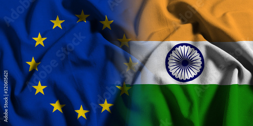 National flag of India with European Union (EU) flag on a waving cotton texture background