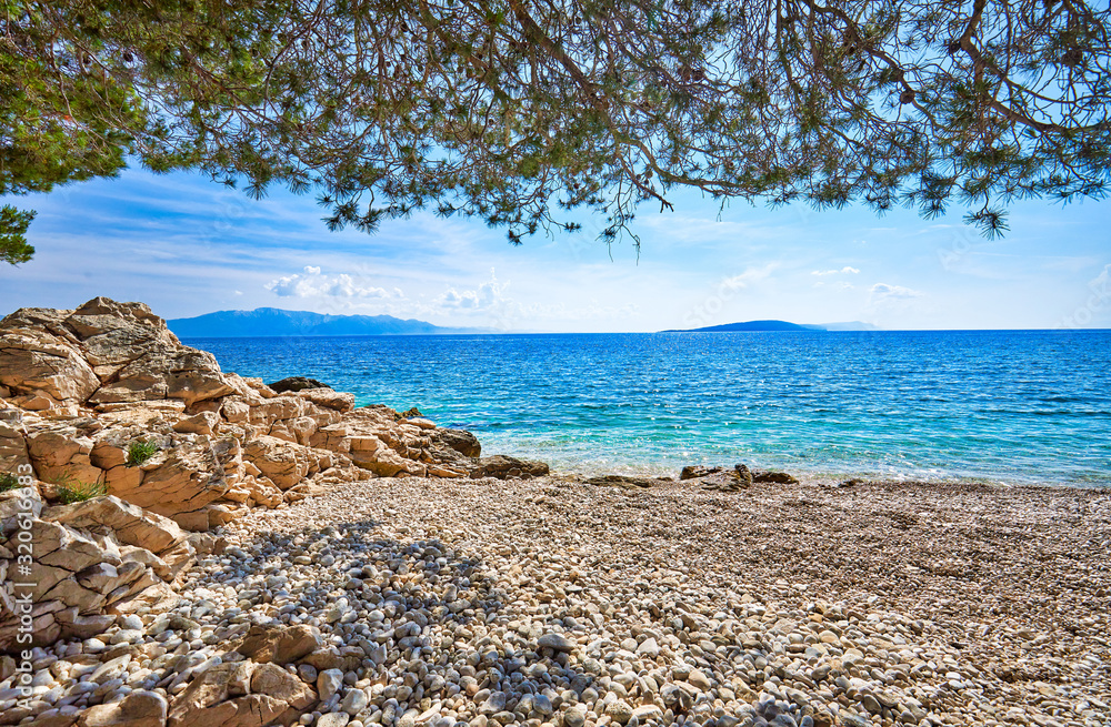 Amazing seascape of Adriatic sea. Luchica beach Croatia, Europe. Colorful summer view of small beach. Croatian coast with clear water and pine trees around. Tropical viewpoint for design postcard. Amazing seascape of Adriatic sea. Luchica beach Croatia, Europe. Colorful summer view of small beach. Croatian coast with clear water and pine trees around. Tropical viewpoint for design postcard.