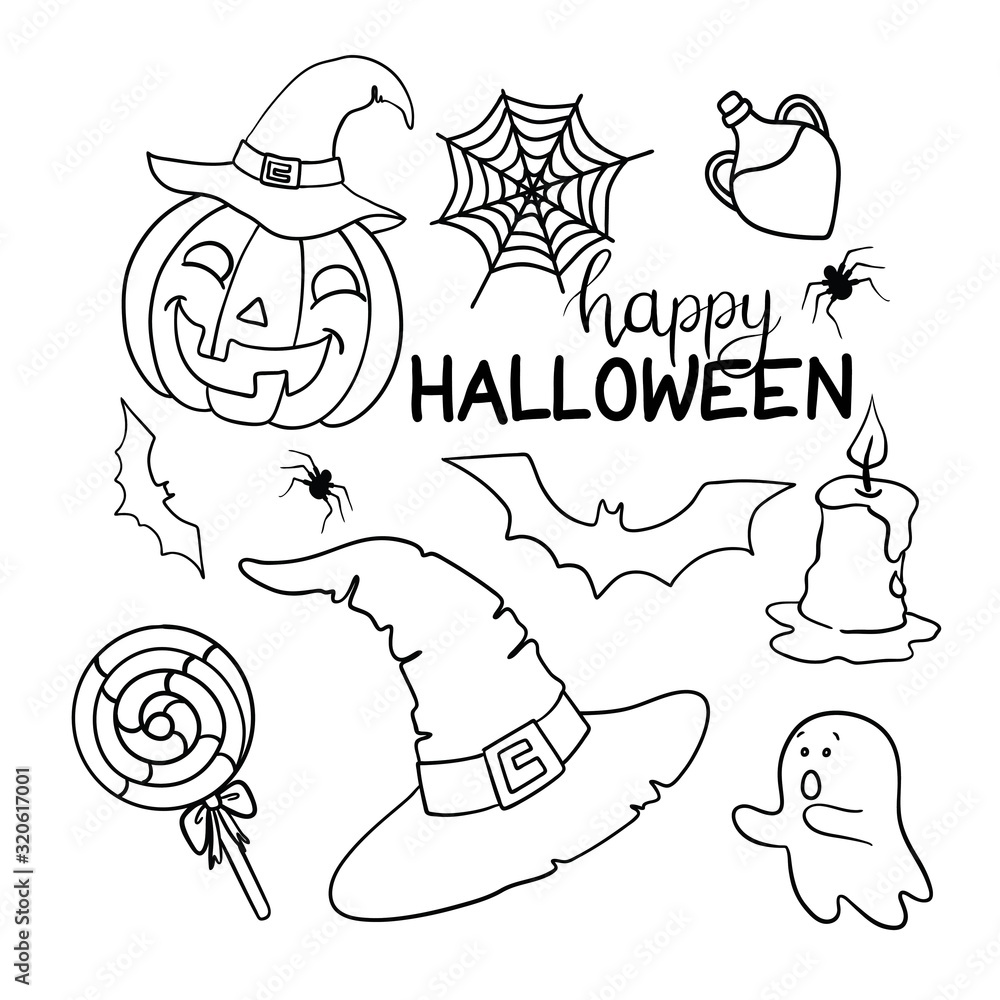 Halloween characters and attributes doodle set. Vector illustration.