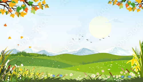 Cartoon vector Spring landscape with mountain, .blue sky and cloud, Panorama green fields on sunny day summer,Peaceful nature in springtime with grass land and wild flowers in countryside Uk © Anchalee