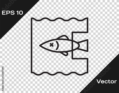 Black line Stop ocean plastic pollution icon isolated on transparent background. Environment protection concept. Fish say no to plastic. Vector Illustration