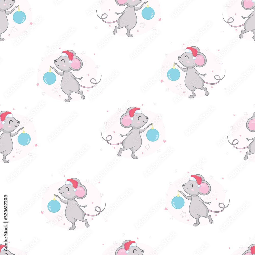 Christmas or New year seamless pattern with cute mice. Mouse. 2020 Winter background with mouse. Rat horoscope sign. Chinese year of Rat 2020. Happy New Year. Concept image of symbol chinese new year