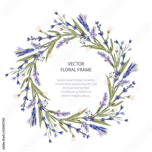 Wreath vector frame floral card greeting template in a flat style. Circle wedding or birthday romantic background with lavender flowers.