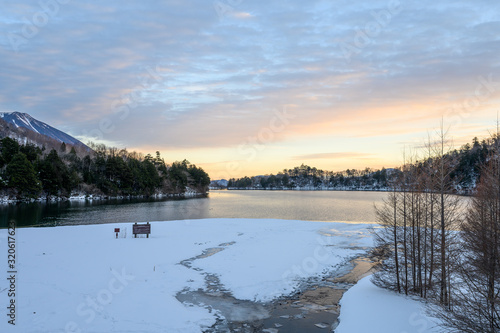 Yunoko lake with snow in winter at Nikko   Japan.