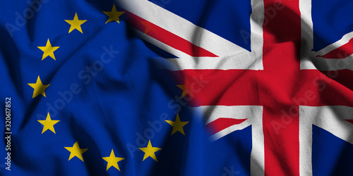 National flag of the United Kingdom with European Union (EU) flag on a waving cotton texture background