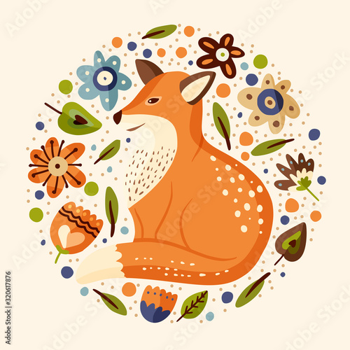 Cartoon fox cute vector illustration. Vintage forest clever funny animal round card.